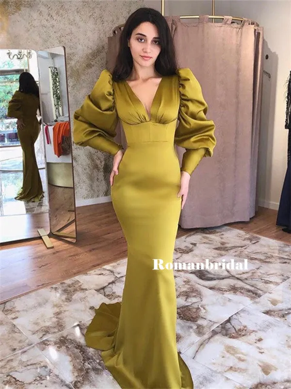 Mermaid V-neck Long Puff Sleeves Simple Cheap Prom Dresses, PD0819