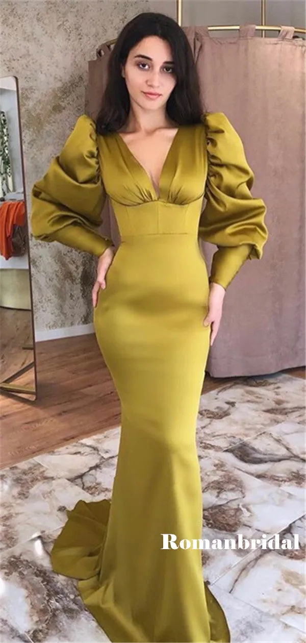 Mermaid V-neck Long Puff Sleeves Simple Cheap Prom Dresses, PD0819