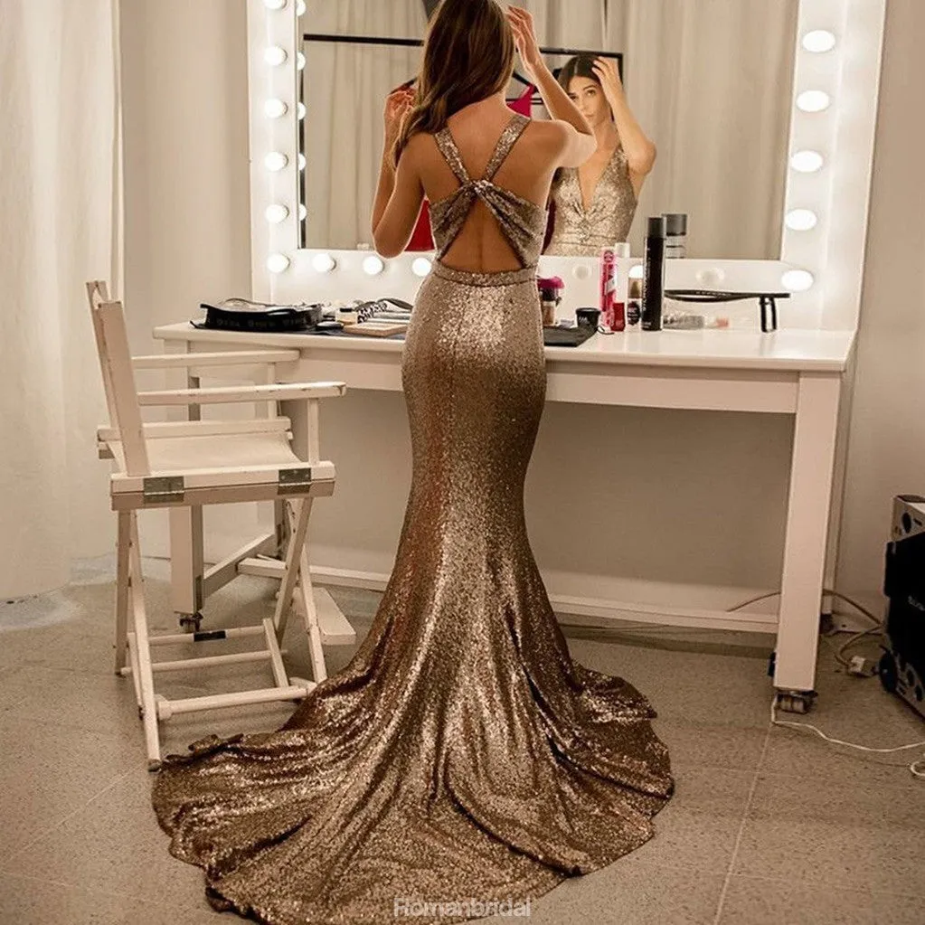 Mermaid V-Neck Open Back Sequins Prom Dress With Train, PD0651