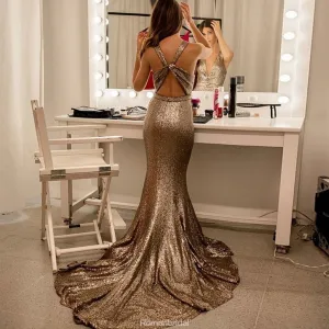 Mermaid V-Neck Open Back Sequins Prom Dress With Train, PD0651