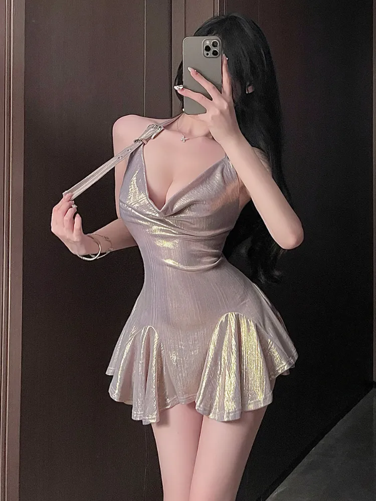 Metallic Ruched Detail Mini Slip Dress