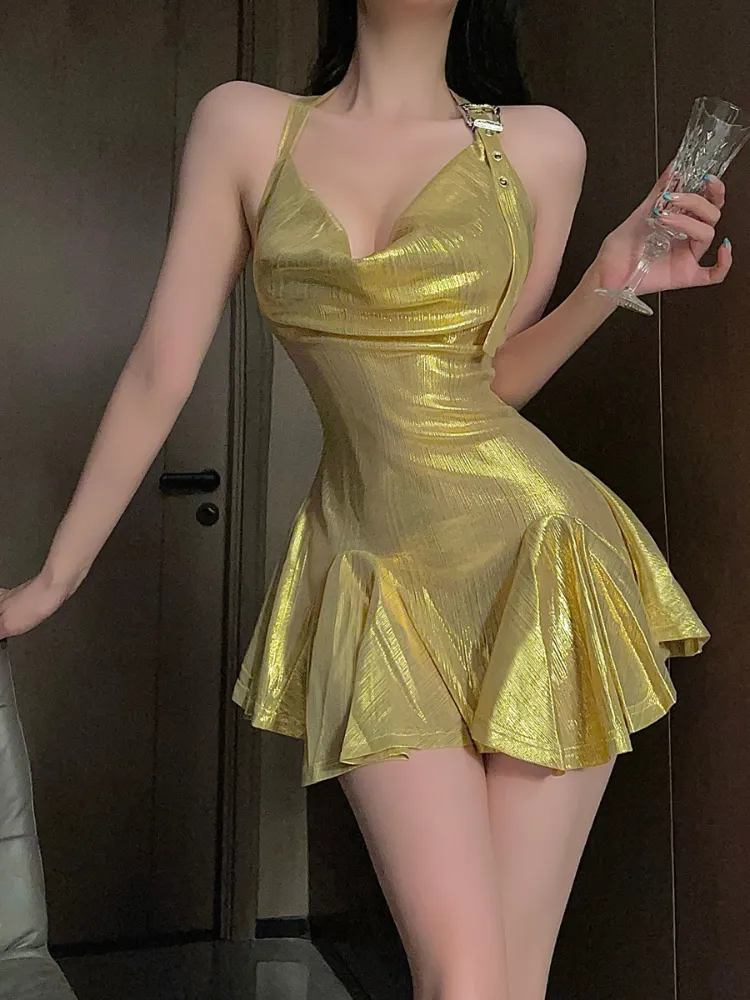 Metallic Ruched Detail Mini Slip Dress