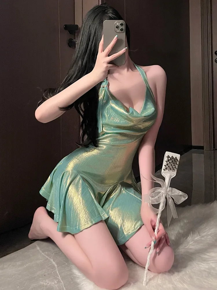 Metallic Ruched Detail Mini Slip Dress