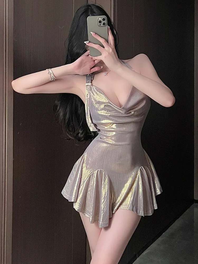 Metallic Ruched Detail Mini Slip Dress