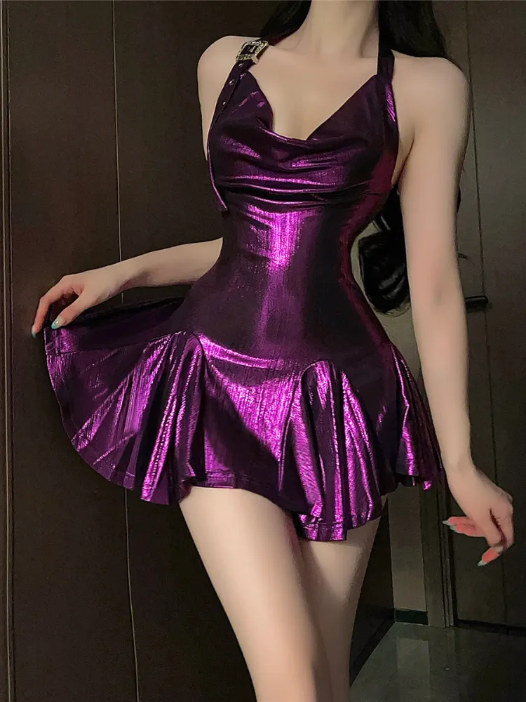 Metallic Ruched Detail Mini Slip Dress