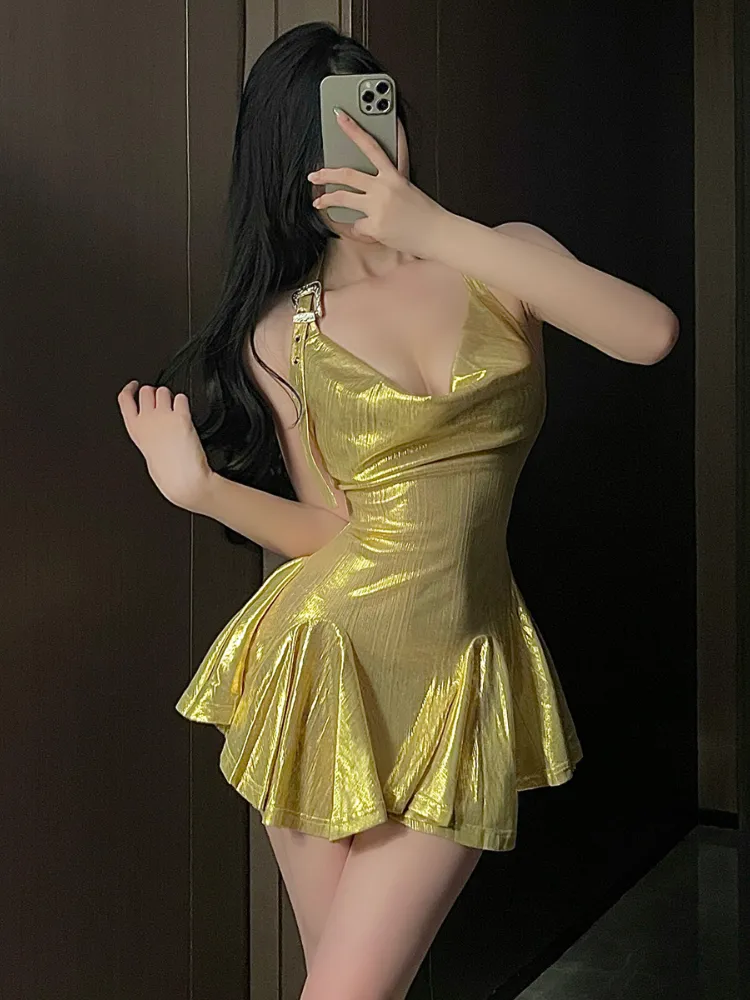 Metallic Ruched Detail Mini Slip Dress