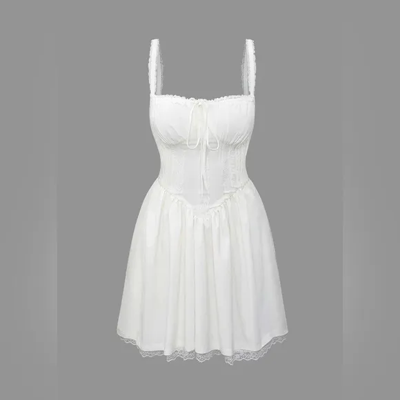 Micas Lace Trimmed Corset-Tie Back Slip Mini Dress, White, Large (D12)​​
