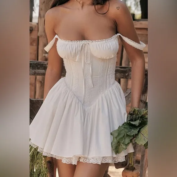 Micas Lace Trimmed Corset-Tie Back Slip Mini Dress, White, Large (D12)​​