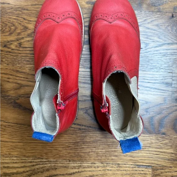 Mini Boden Red Leather Ankle Boots with Brogue Detail