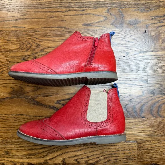 Mini Boden Red Leather Ankle Boots with Brogue Detail