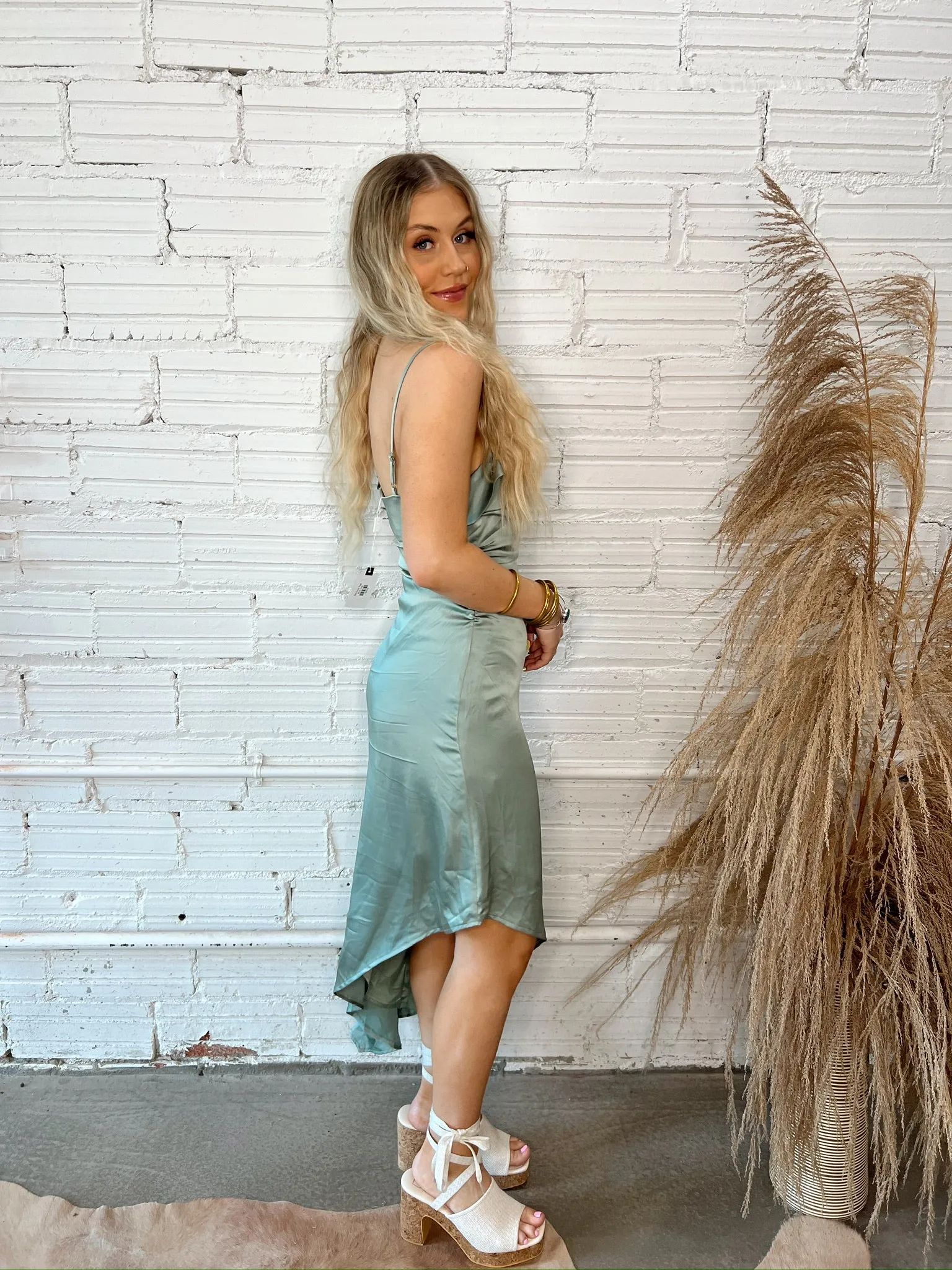 Mirie Asymmetric Satin Dress - Sage