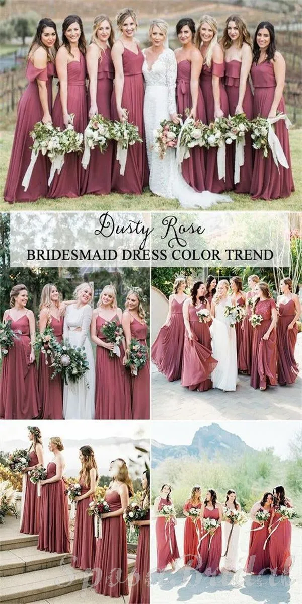 Mismatched Chiffon Inexpensive Floor Length A-line Dusty Rose Simple Bridesmaid Dresses,Wedding Guest Dresses WG575