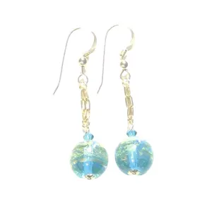 Murano Glass Aqua Ball Dangle Gold Earrings, leverback Earrings