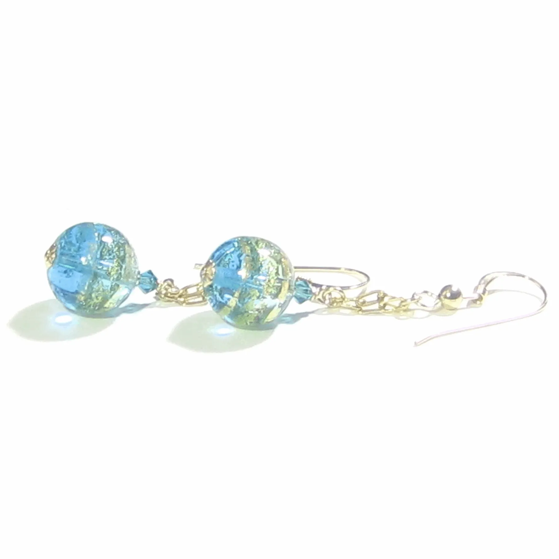 Murano Glass Aqua Ball Dangle Gold Earrings, leverback Earrings