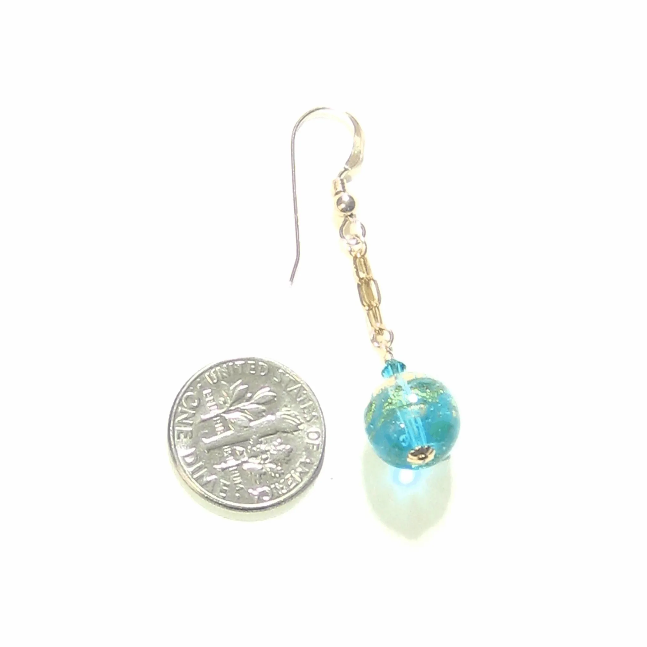 Murano Glass Aqua Ball Dangle Gold Earrings, leverback Earrings