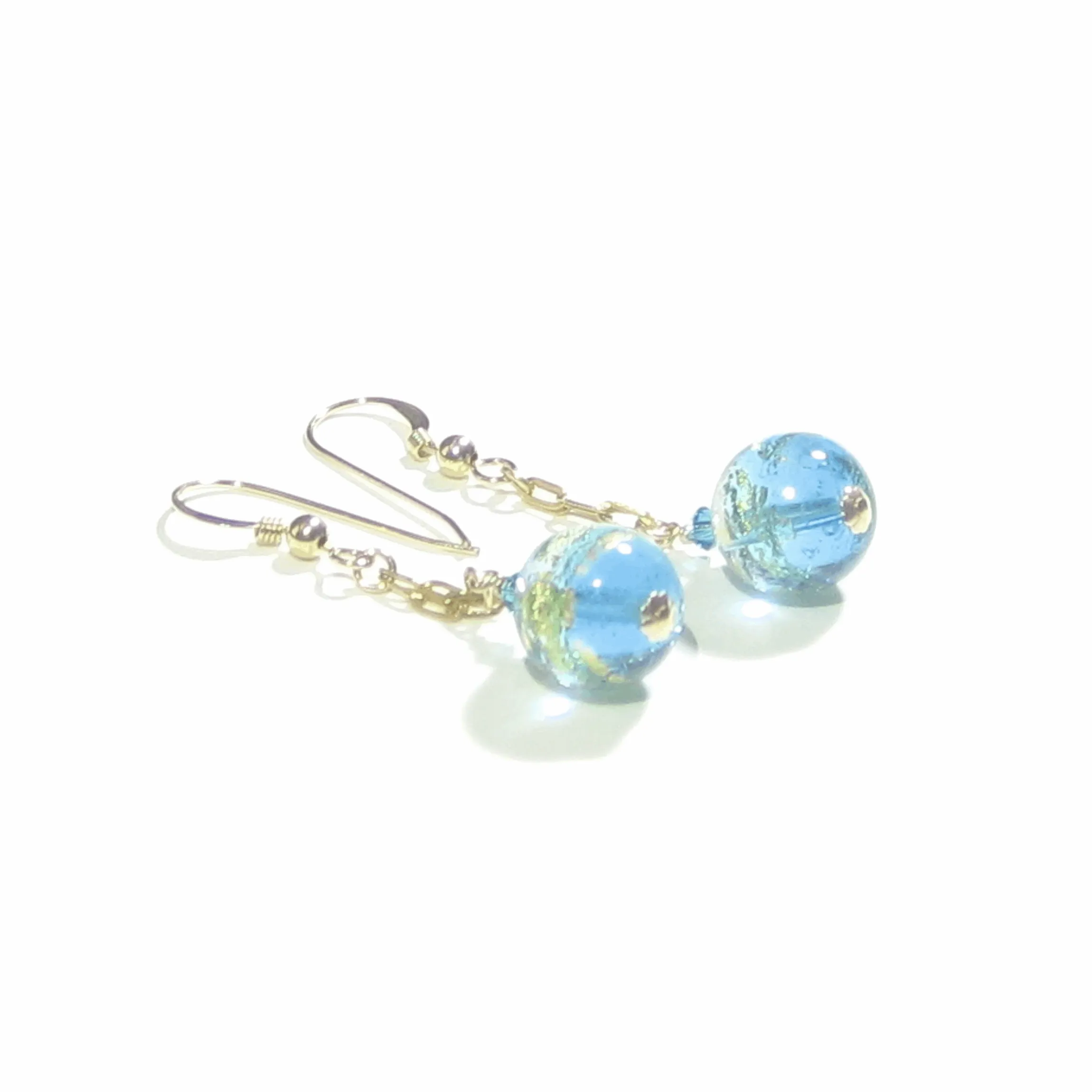 Murano Glass Aqua Ball Dangle Gold Earrings, leverback Earrings