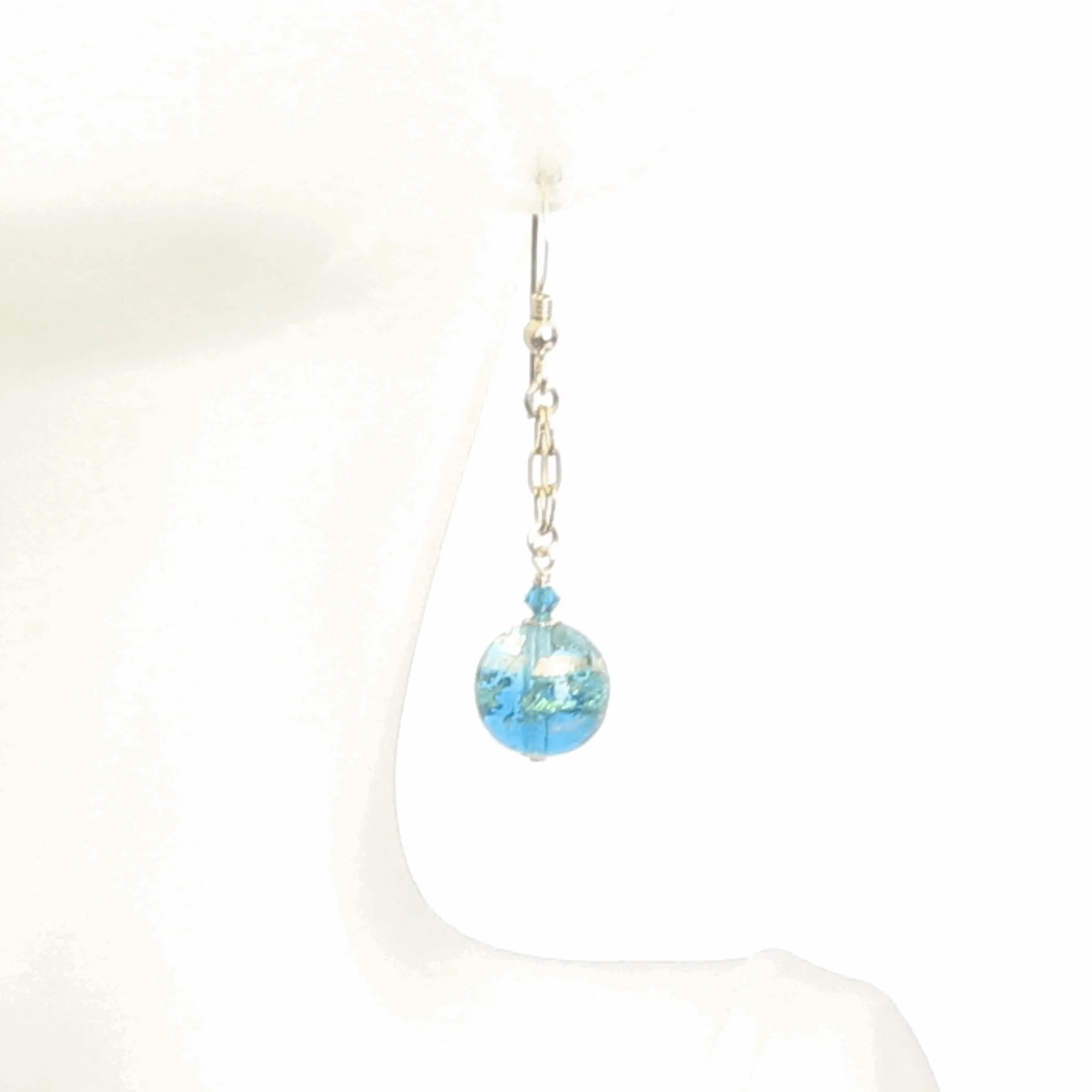 Murano Glass Aqua Ball Dangle Gold Earrings, leverback Earrings