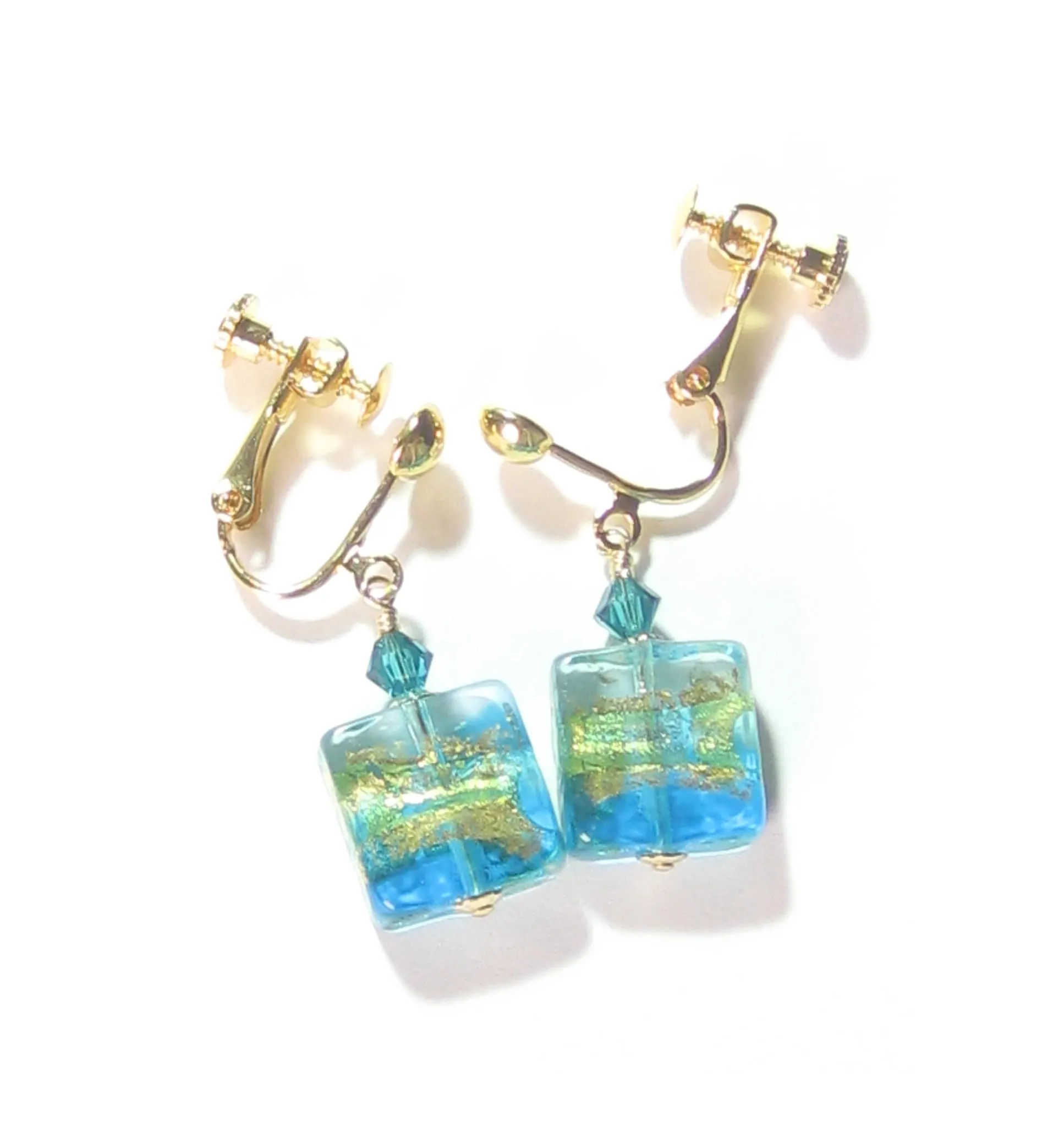 Murano Glass Aqua Gold Clip-On Earrings - Shimmering Square Design