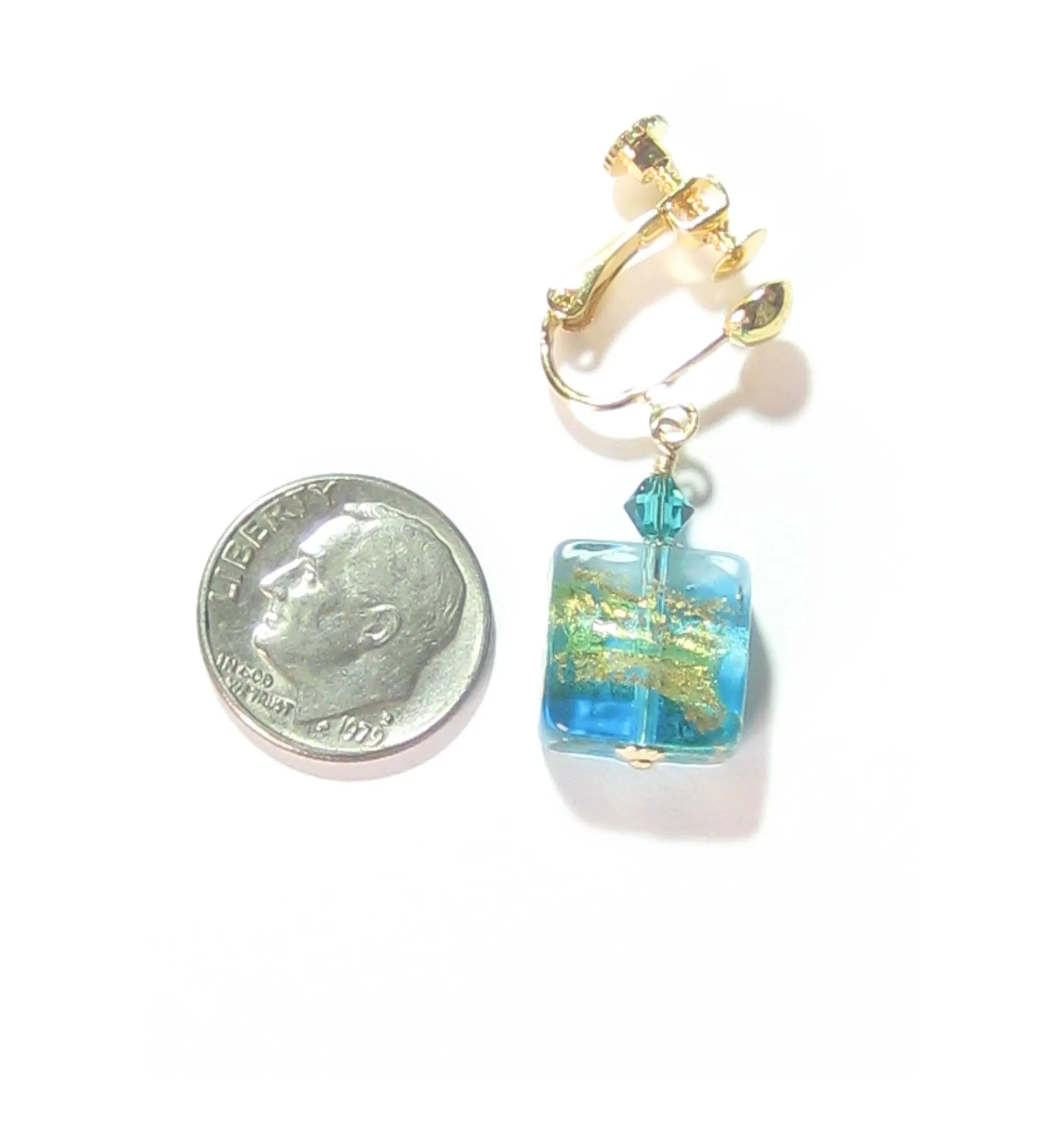 Murano Glass Aqua Gold Clip-On Earrings - Shimmering Square Design