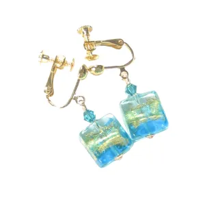 Murano Glass Aqua Gold Clip-On Earrings - Shimmering Square Design