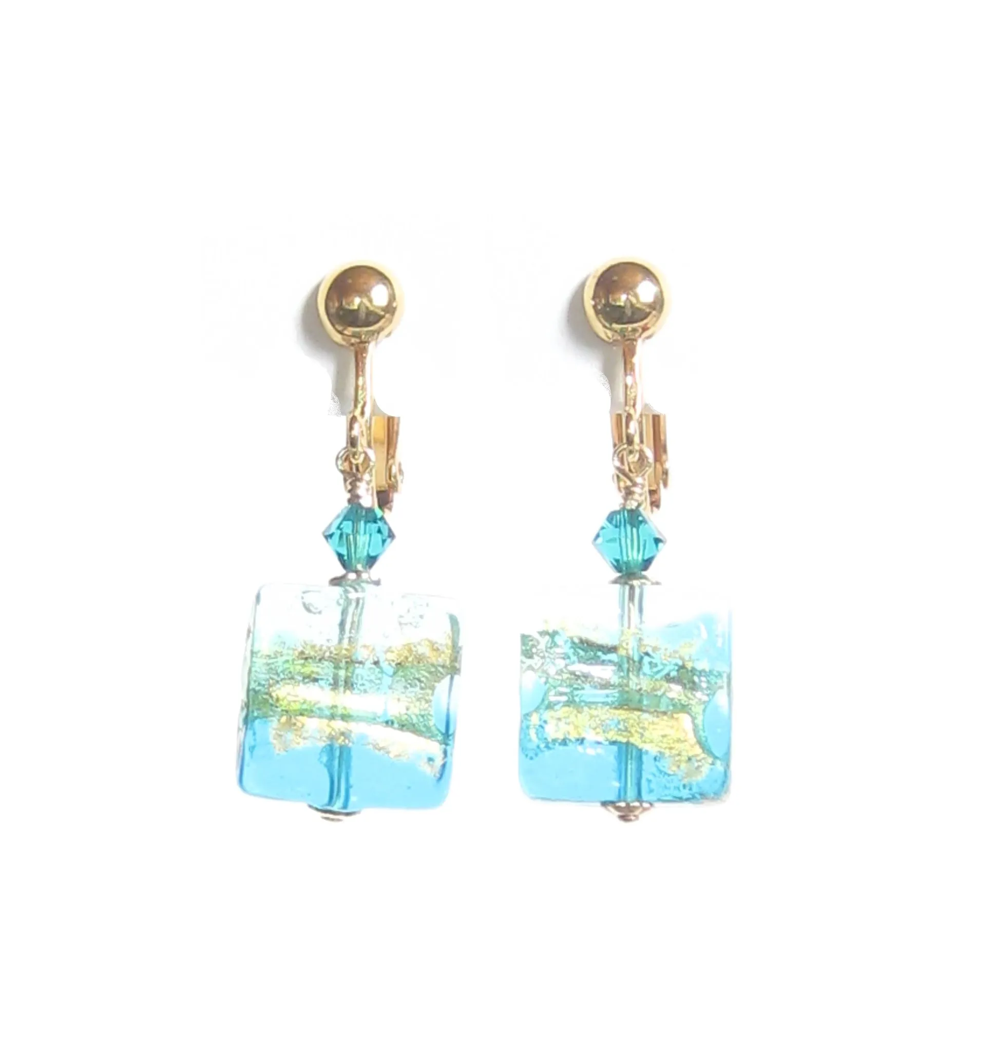 Murano Glass Aqua Gold Clip-On Earrings - Shimmering Square Design