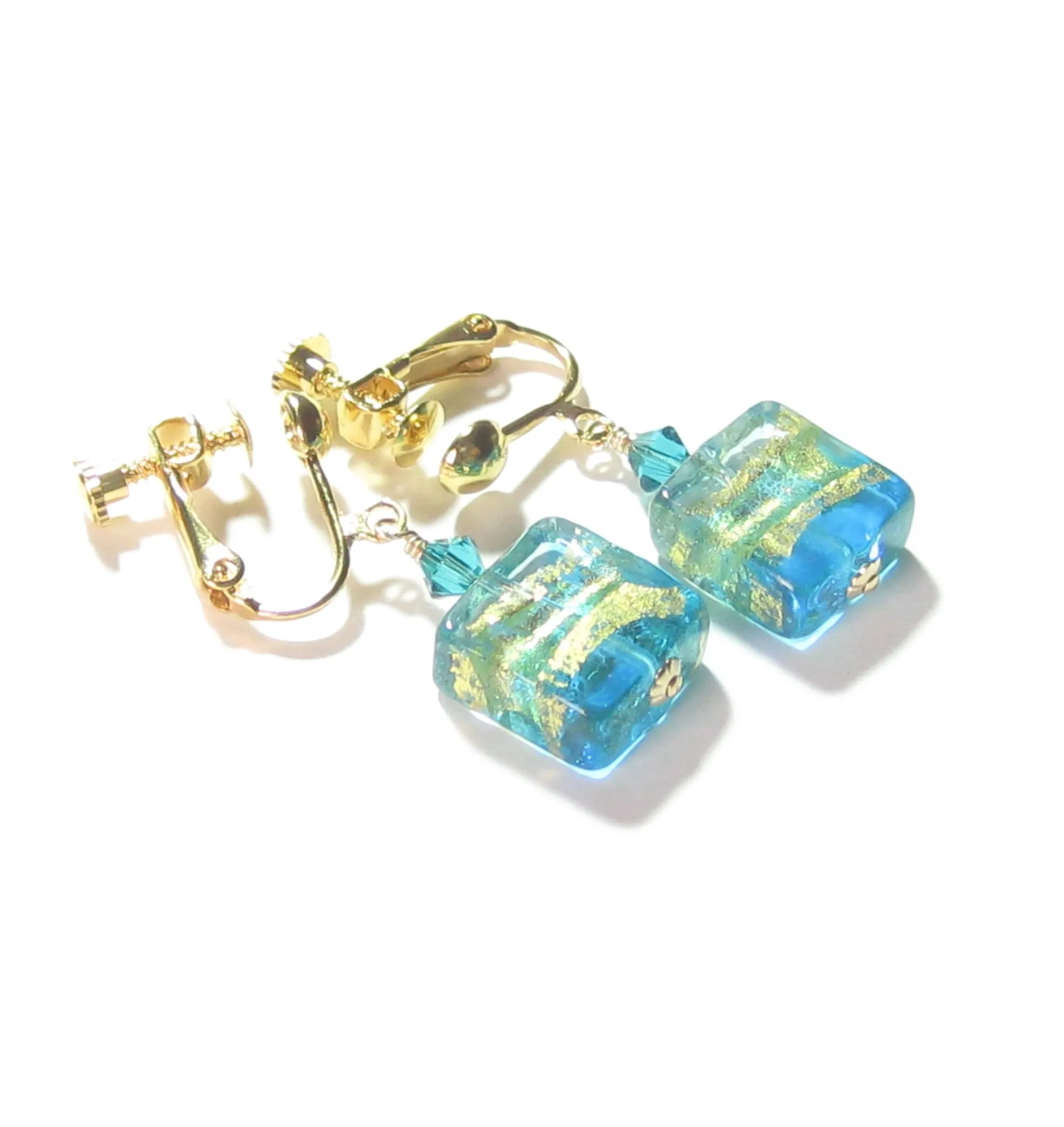 Murano Glass Aqua Gold Clip-On Earrings - Shimmering Square Design