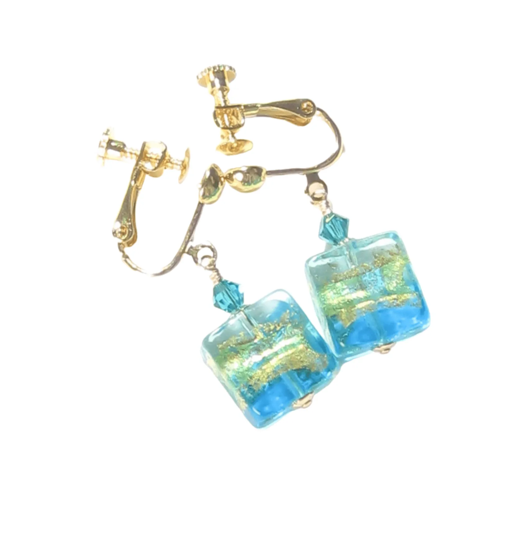 Murano Glass Aqua Gold Clip-On Earrings - Shimmering Square Design
