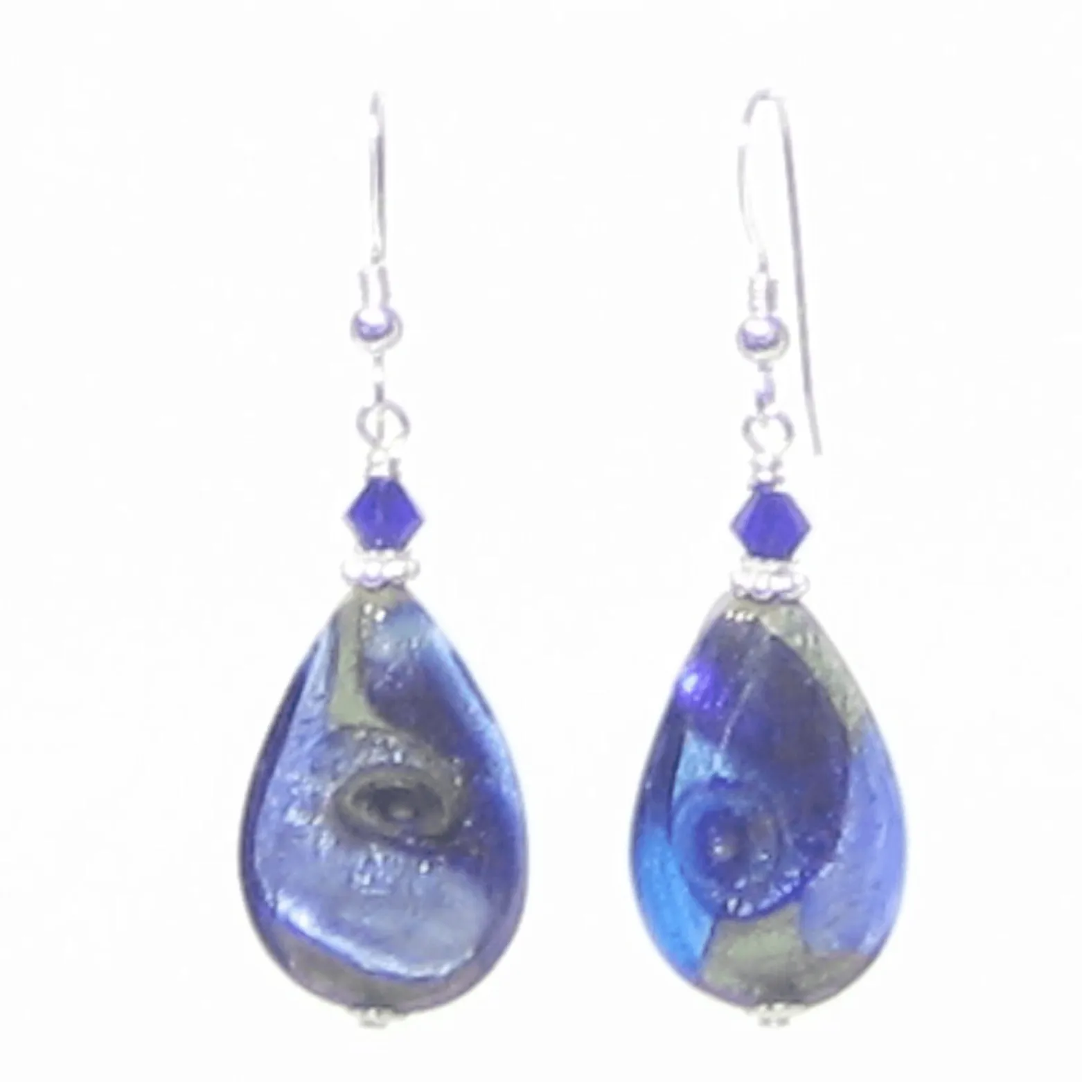 Murano Glass Blue Plum Swirl Teardrop Silver Earrings