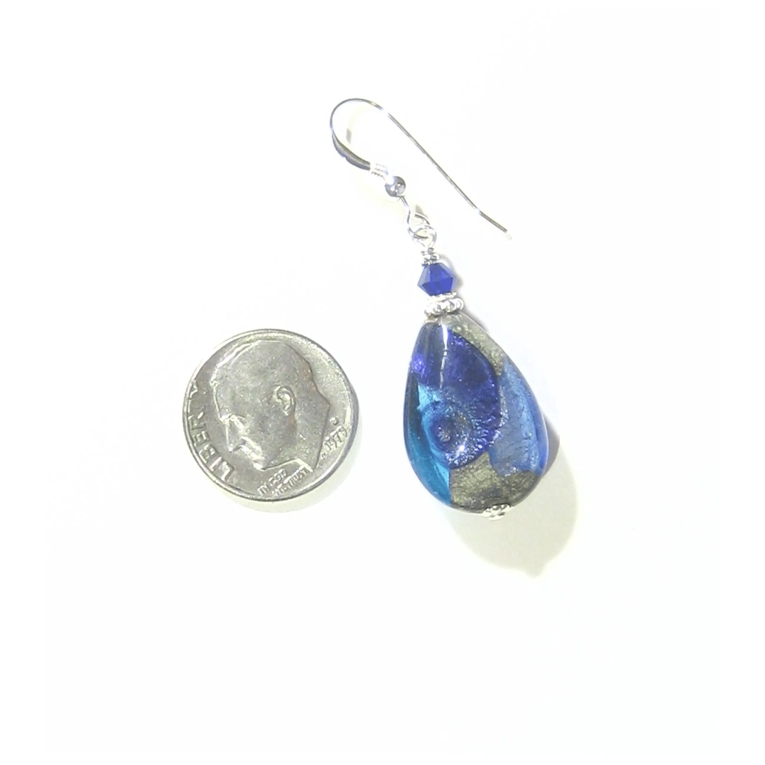Murano Glass Blue Plum Swirl Teardrop Silver Earrings
