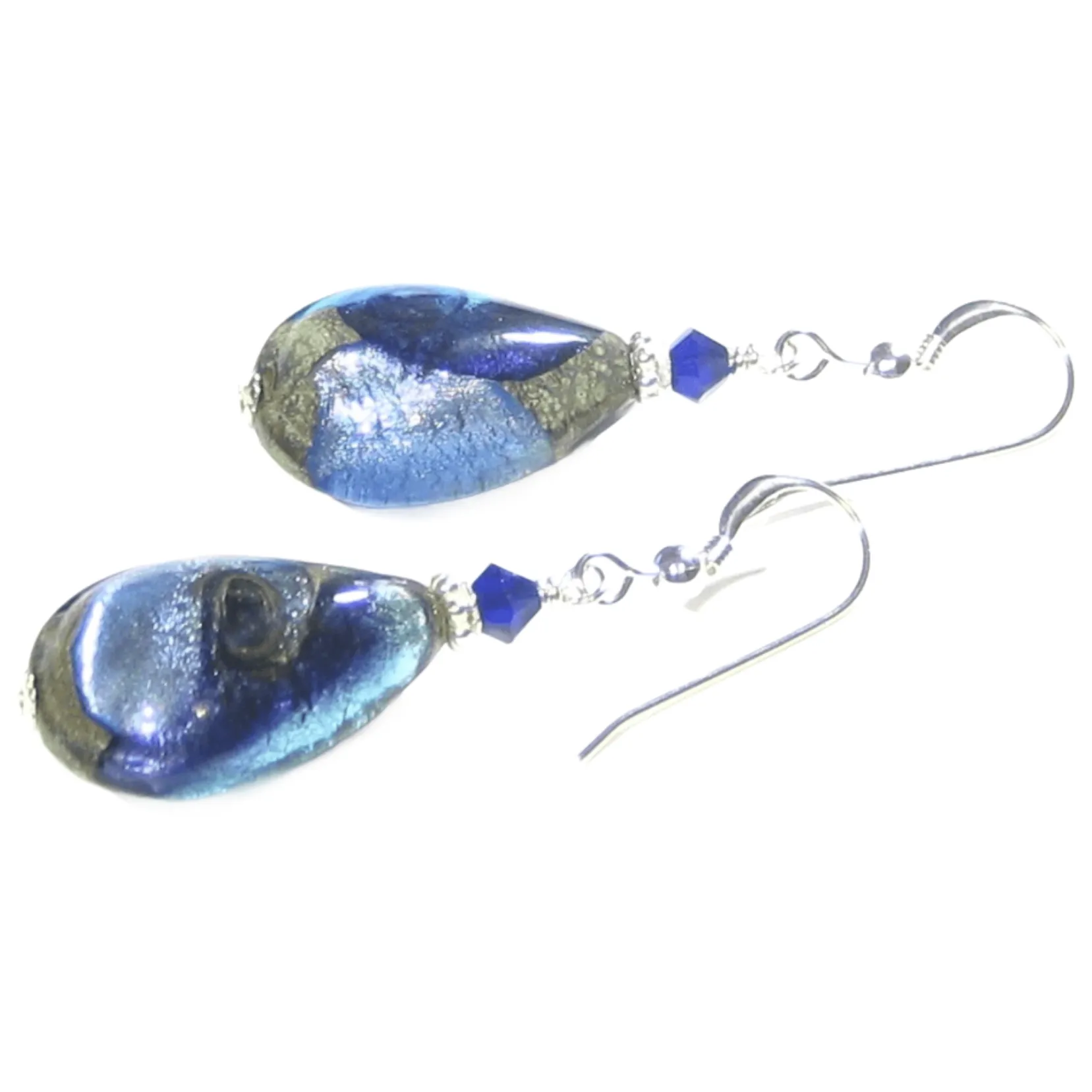 Murano Glass Blue Plum Swirl Teardrop Silver Earrings