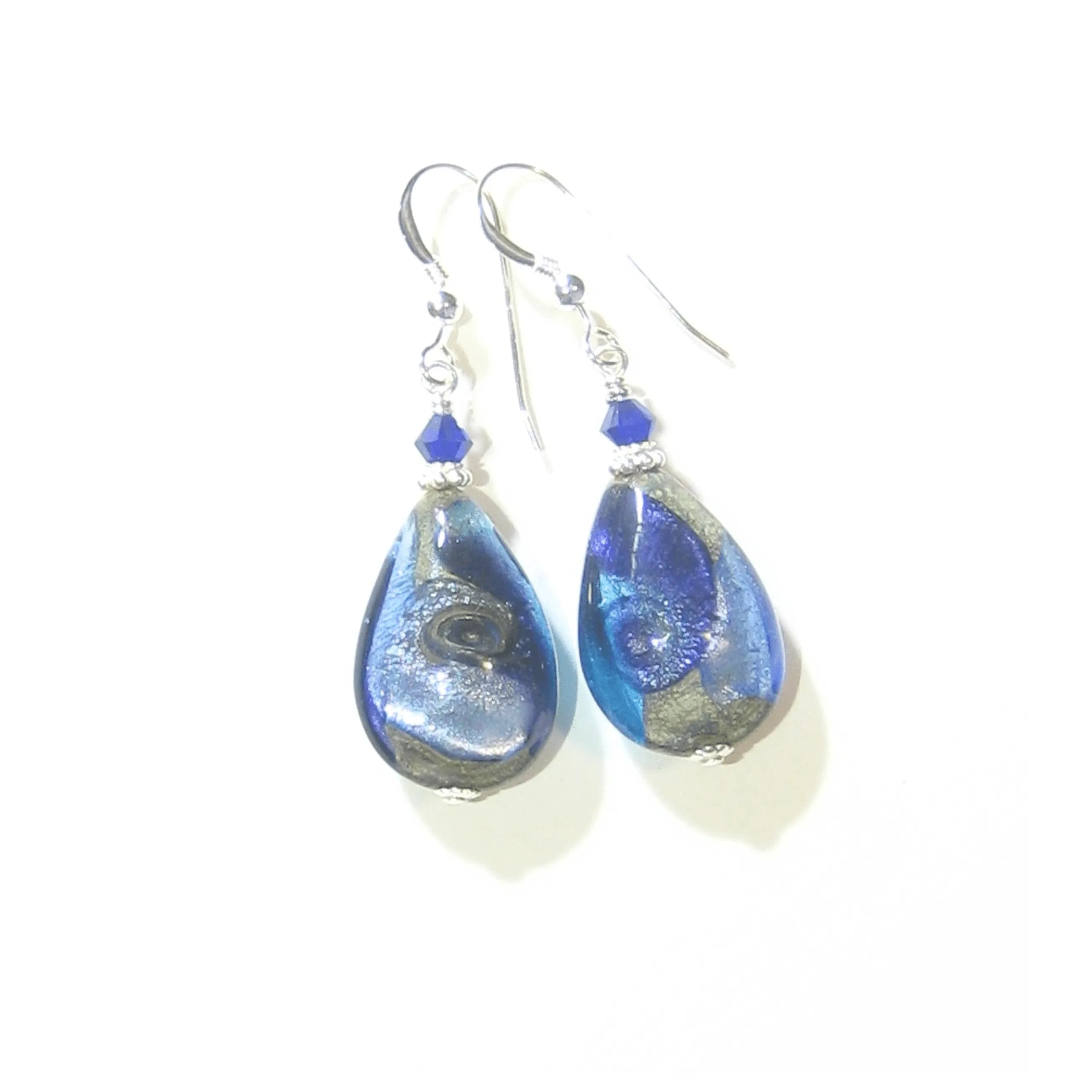Murano Glass Blue Plum Swirl Teardrop Silver Earrings