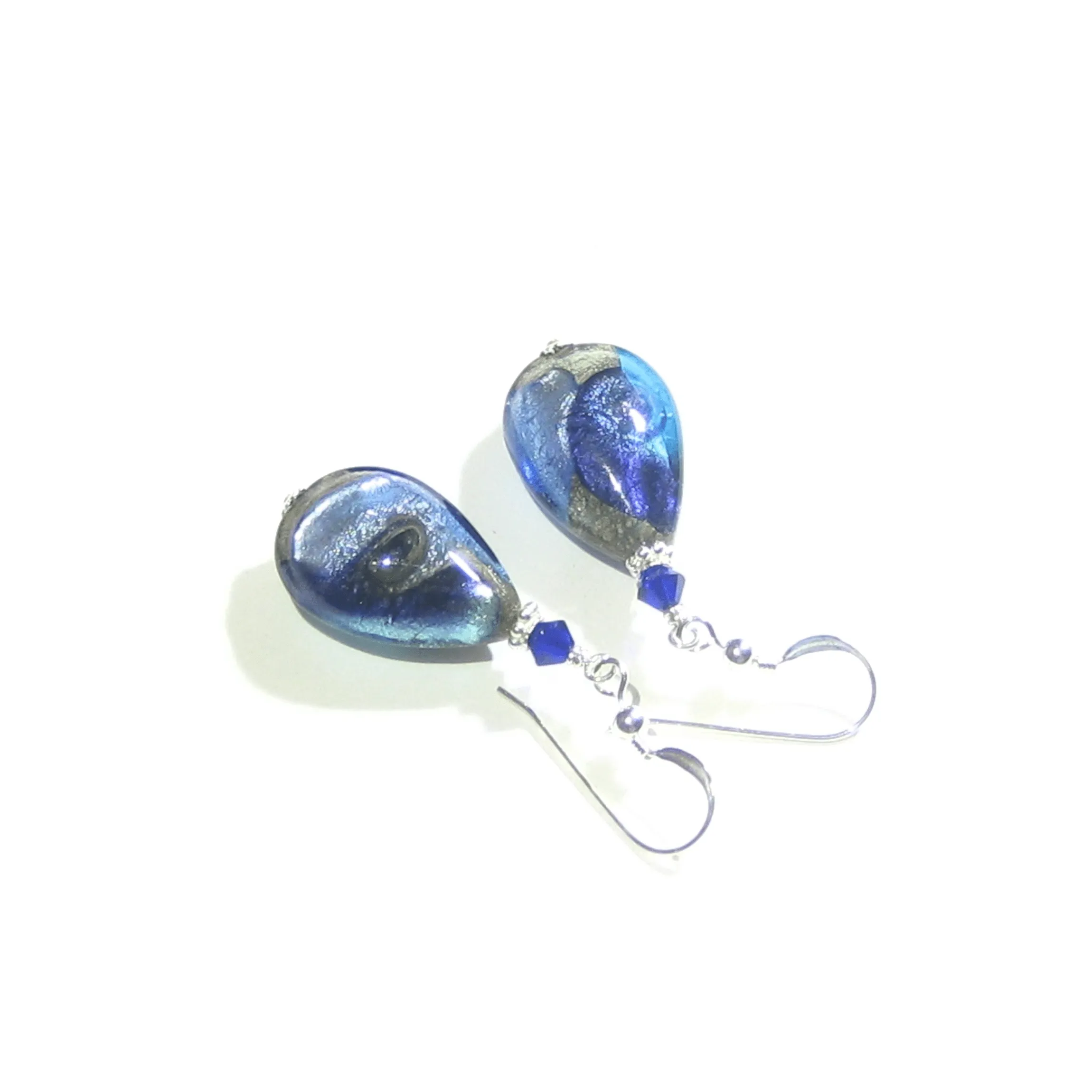 Murano Glass Blue Plum Swirl Teardrop Silver Earrings