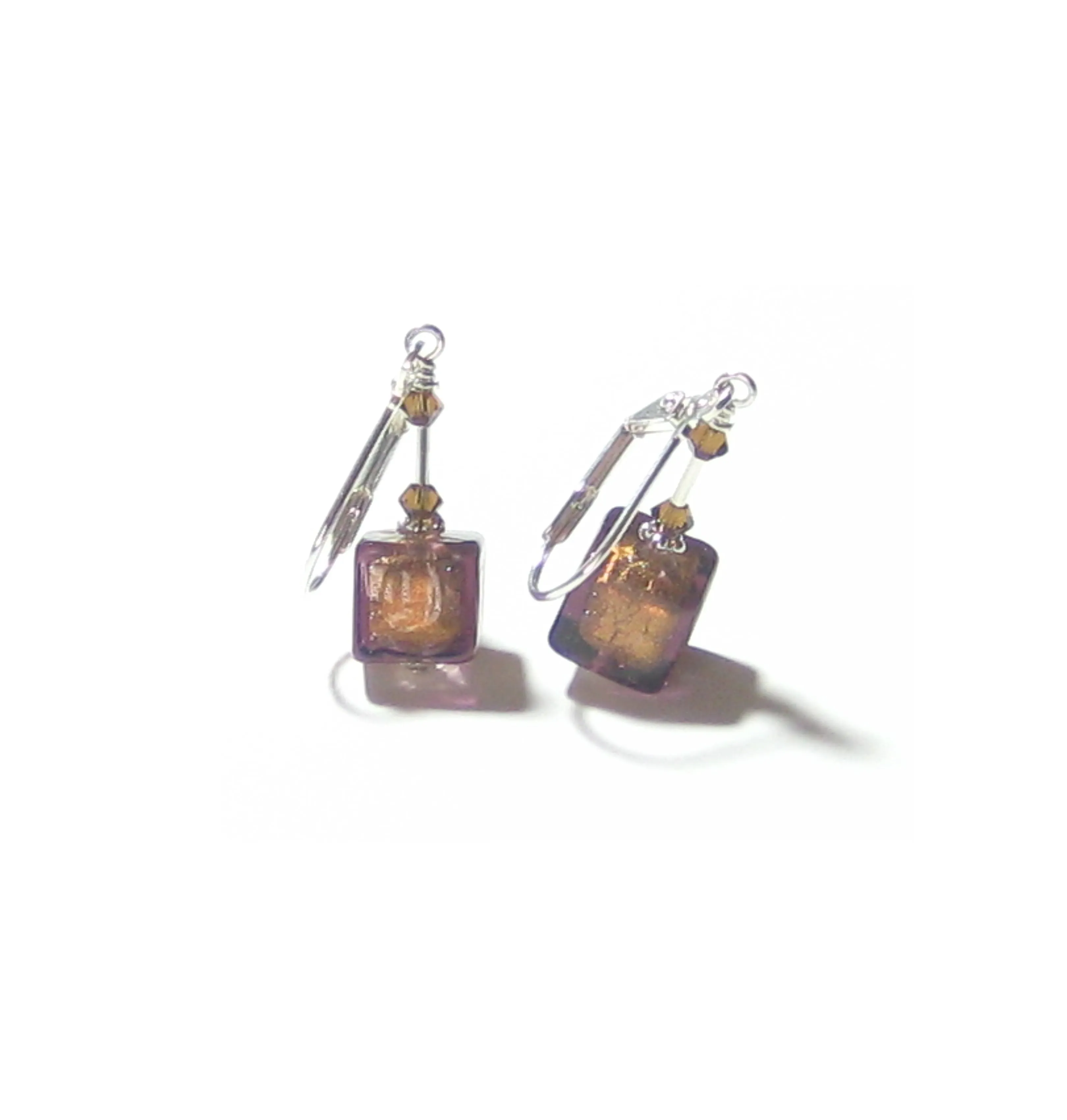 Murano Glass Brown Cube Sterling Silver Earrings