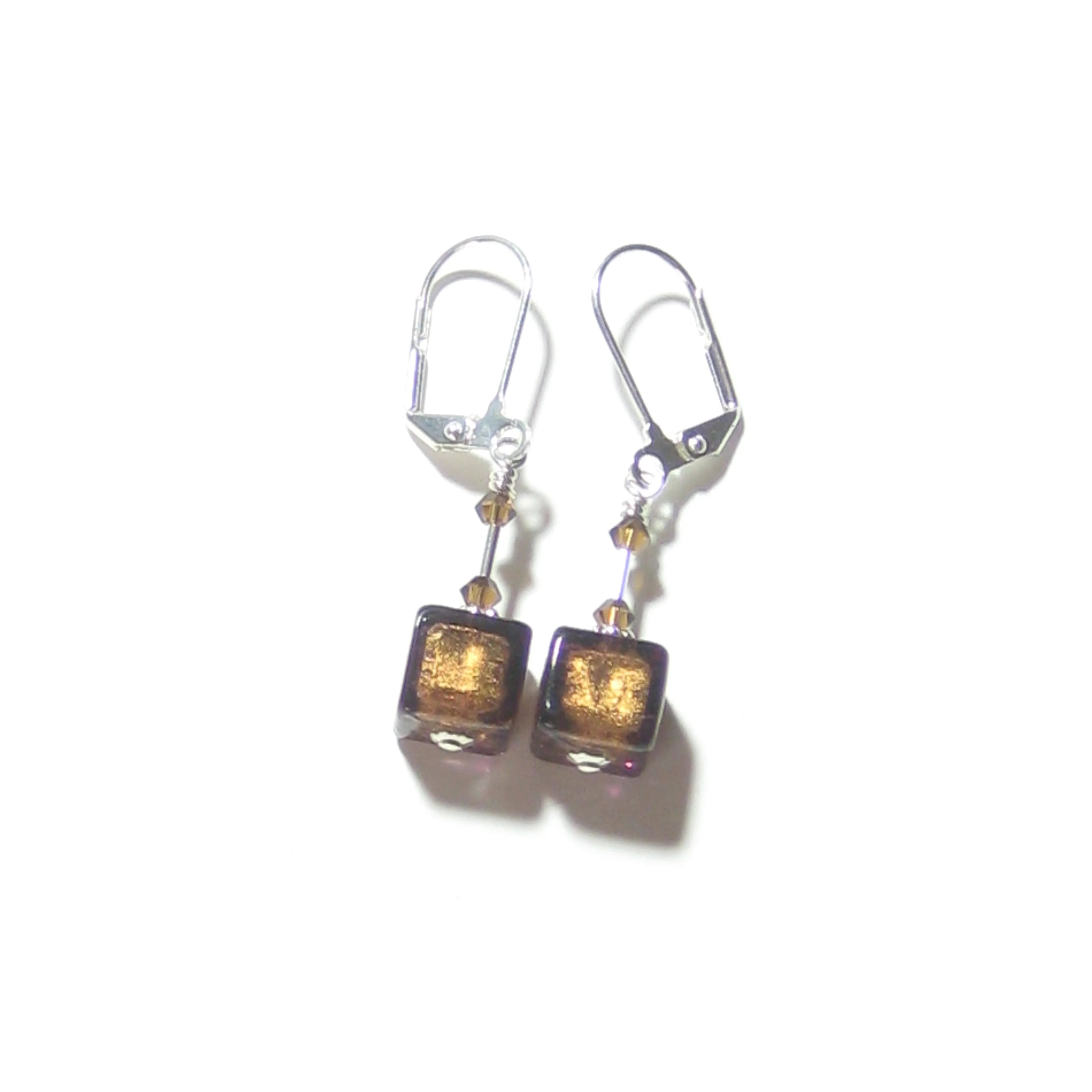 Murano Glass Brown Cube Sterling Silver Earrings