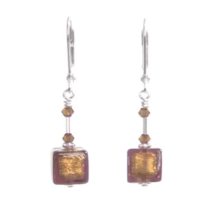 Murano Glass Brown Cube Sterling Silver Earrings