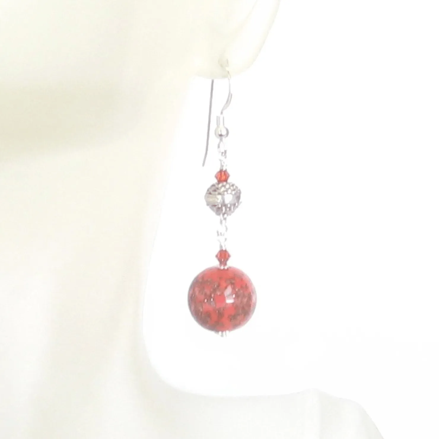 Murano Glass Coral Ball Long Sterling Silver Earrings