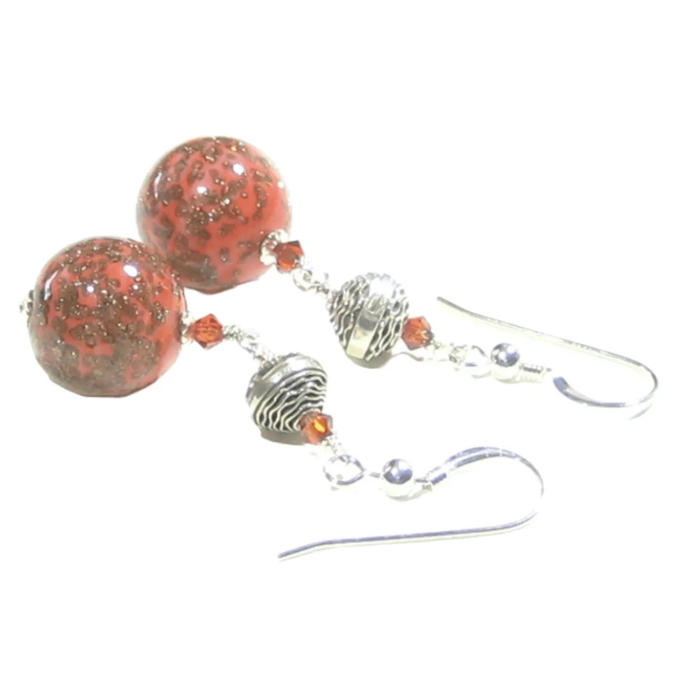 Murano Glass Coral Ball Long Sterling Silver Earrings