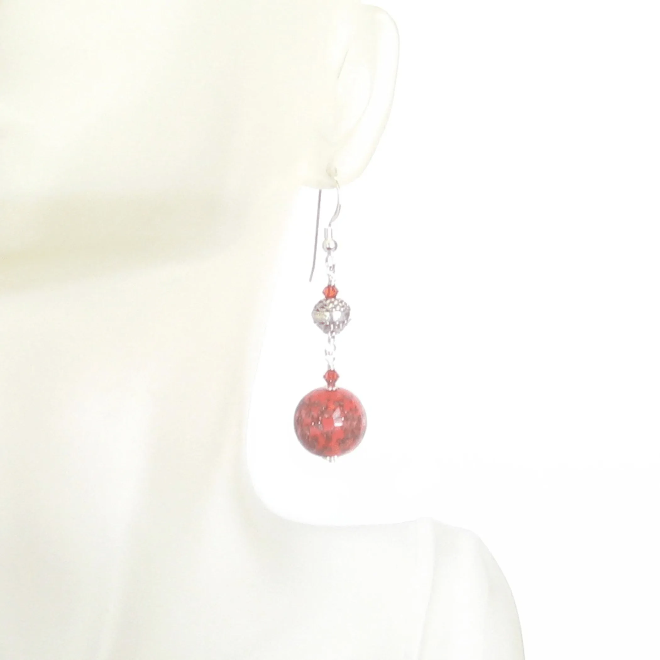 Murano Glass Coral Ball Long Sterling Silver Earrings