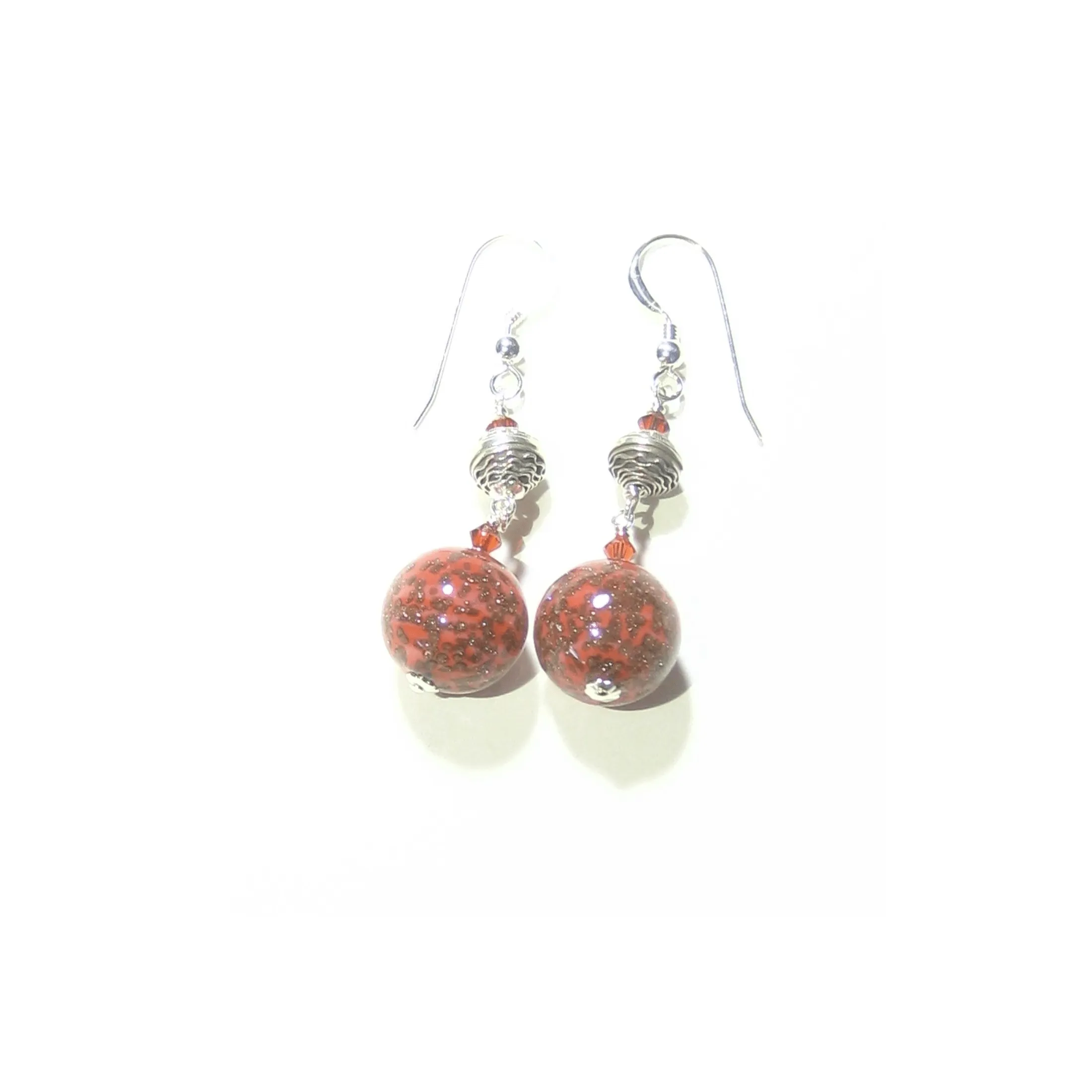 Murano Glass Coral Ball Long Sterling Silver Earrings