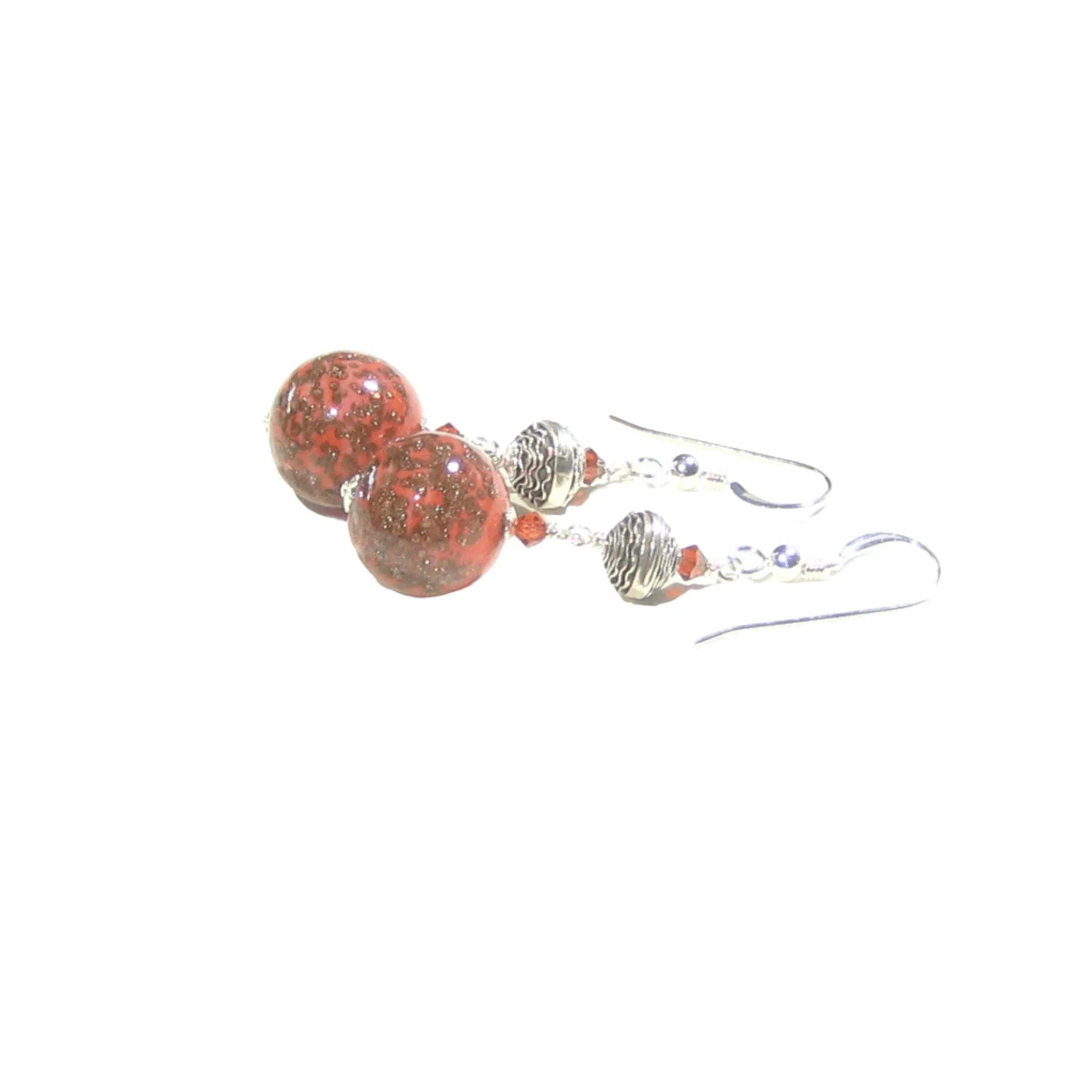 Murano Glass Coral Ball Long Sterling Silver Earrings