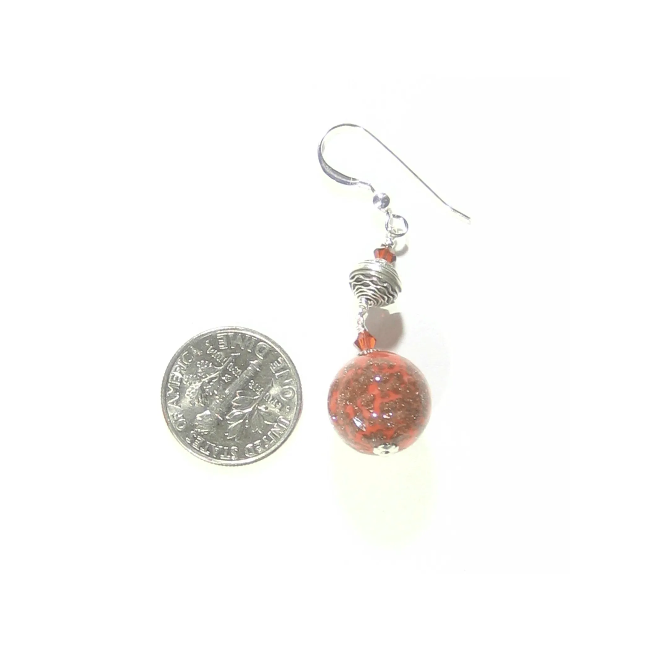 Murano Glass Coral Ball Long Sterling Silver Earrings