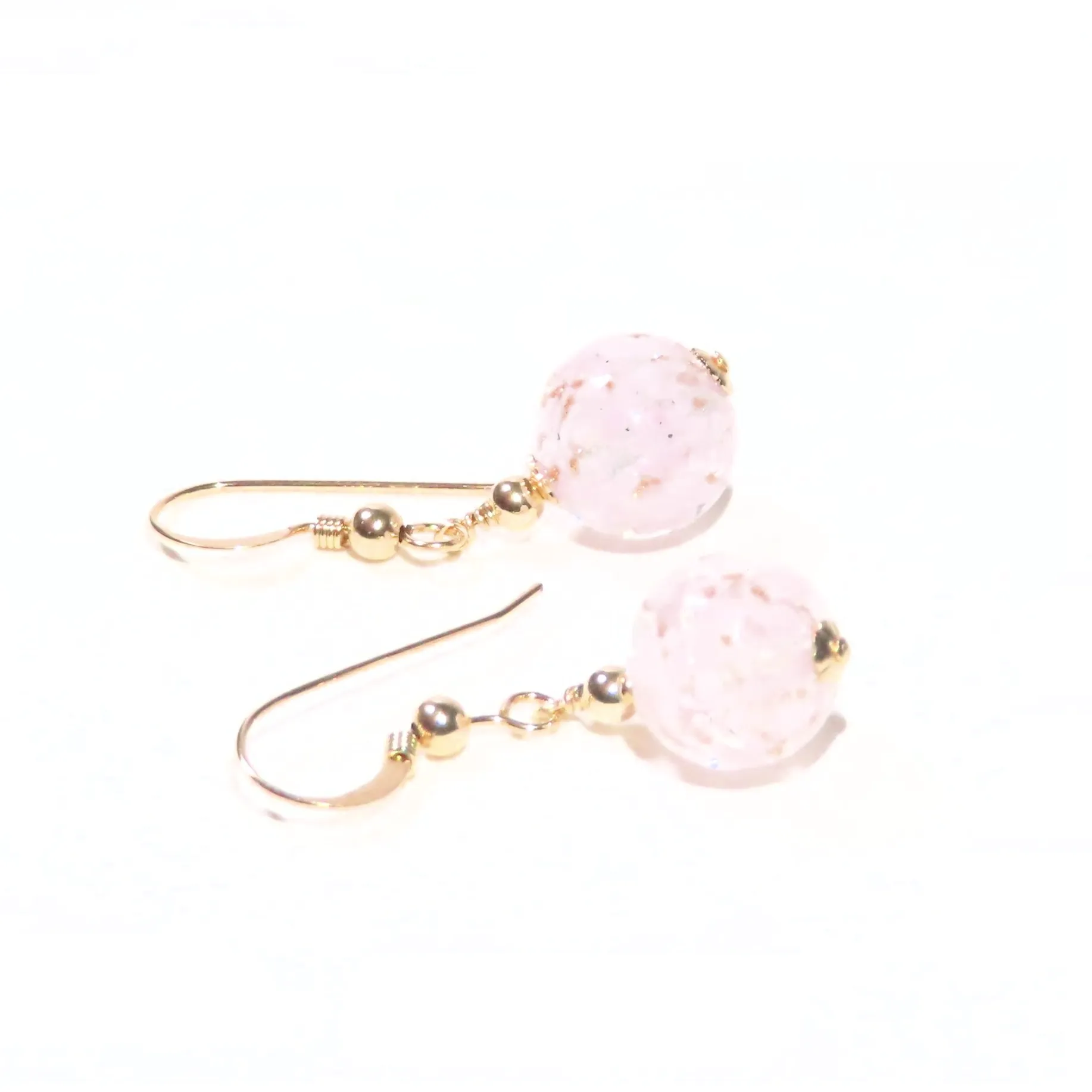 Murano Glass Pale Pink Ball Gold Earrings, Venetian Jewelry