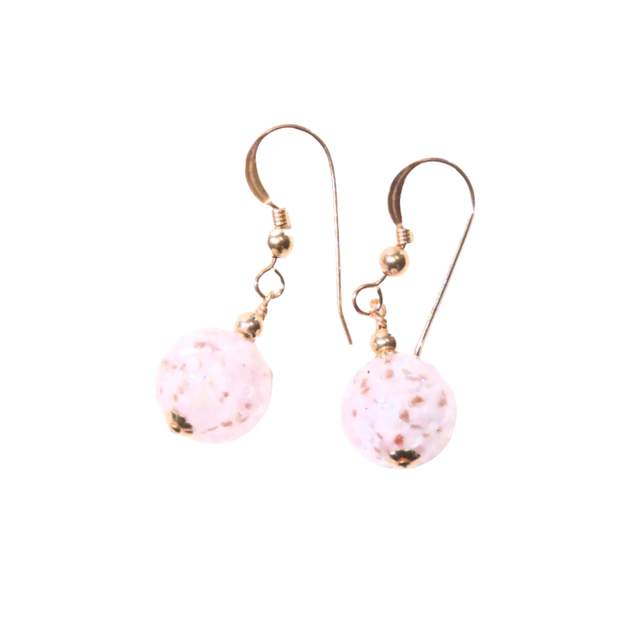 Murano Glass Pale Pink Ball Gold Earrings, Venetian Jewelry