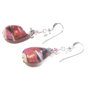 Murano Glass Pink Black Swirl Teardrop Silver Earrings
