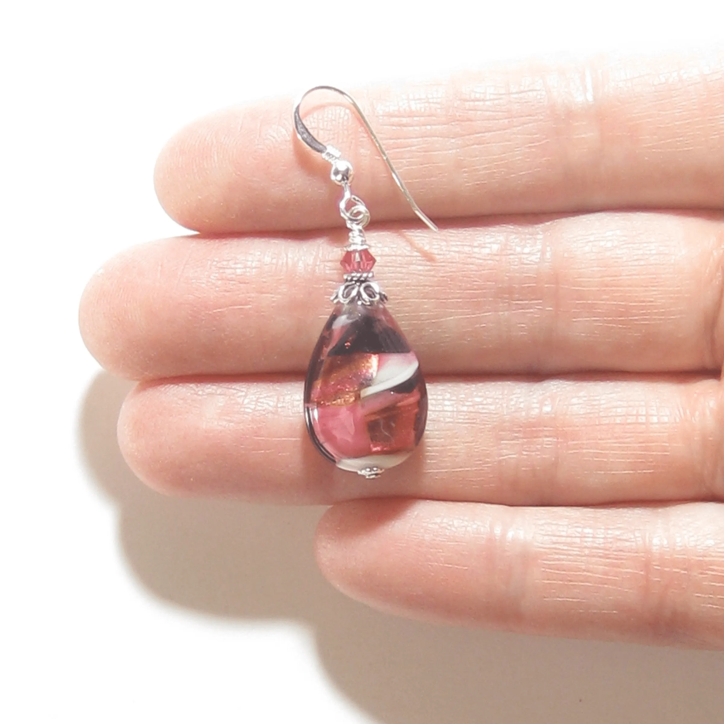 Murano Glass Pink Black Swirl Teardrop Silver Earrings