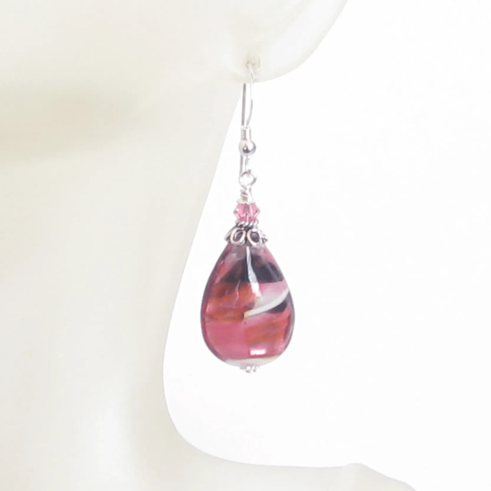 Murano Glass Pink Black Swirl Teardrop Silver Earrings