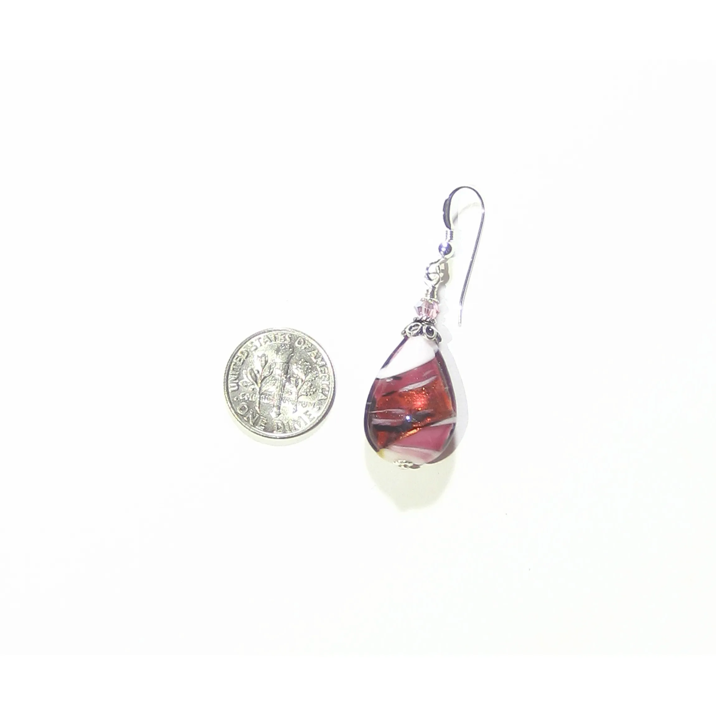 Murano Glass Pink Black Swirl Teardrop Silver Earrings