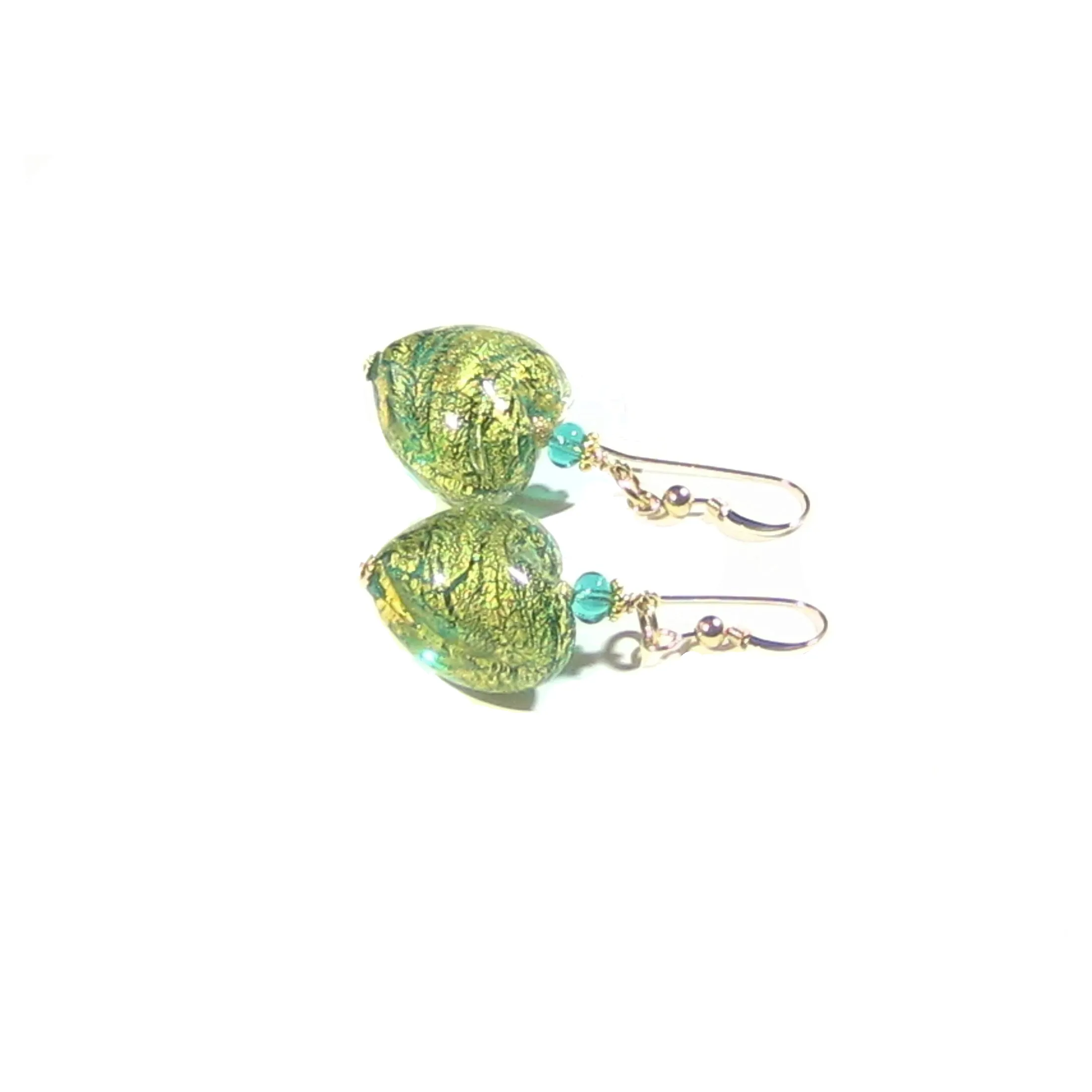 Murano Glass Sea Green Chunky Heart Gold Earrings