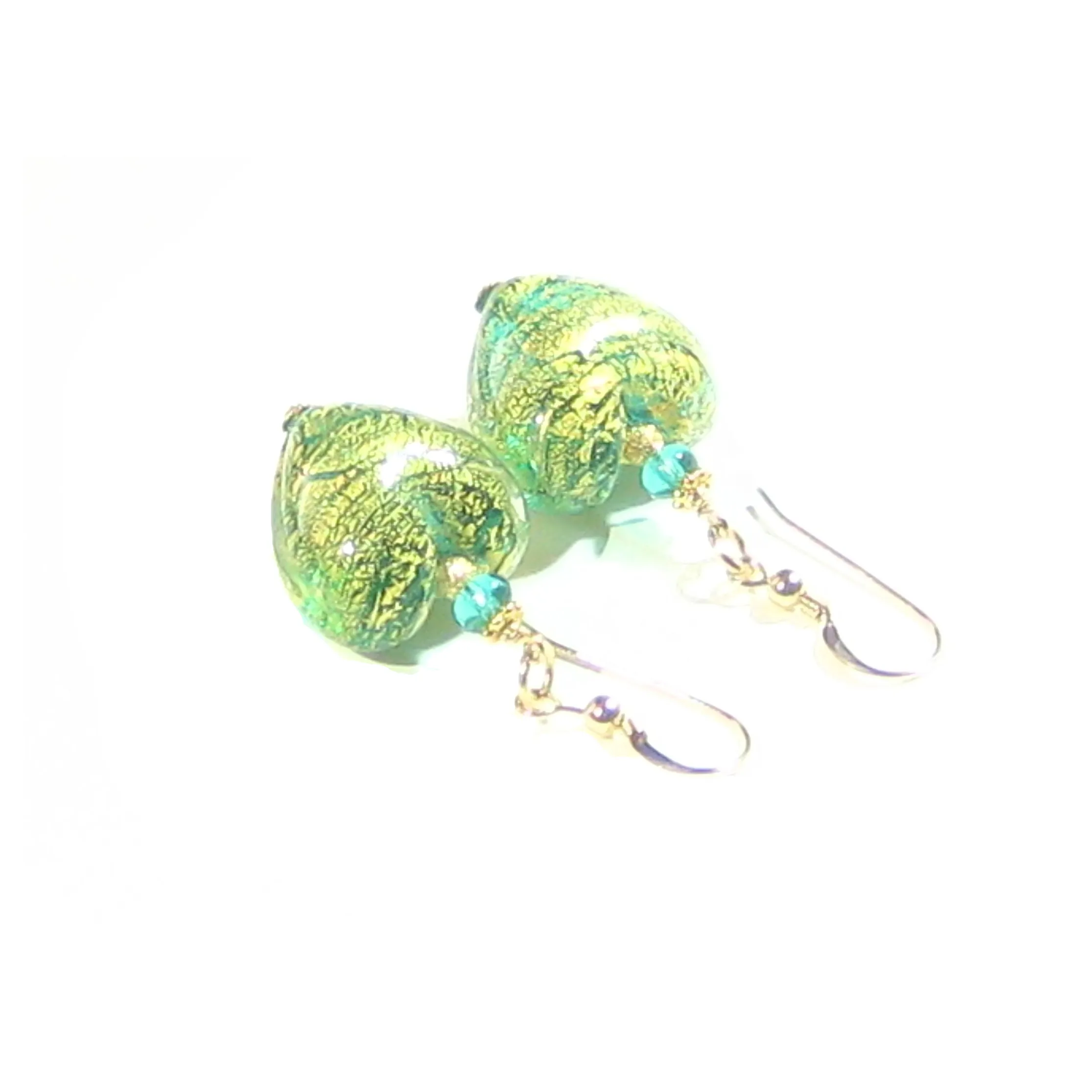 Murano Glass Sea Green Chunky Heart Gold Earrings