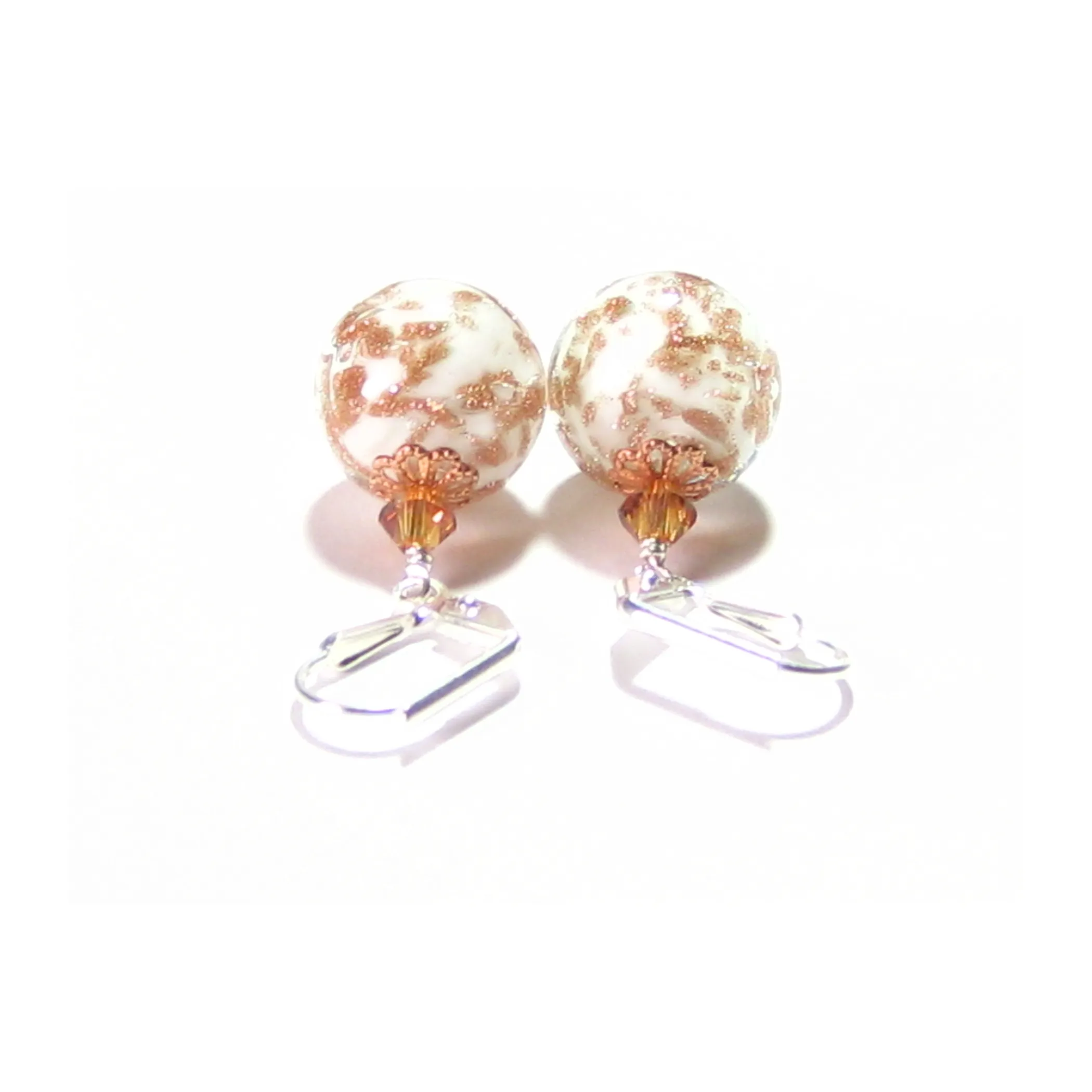 Murano Glass White Copper Ball Silver Earrings, Venetian Jewelry